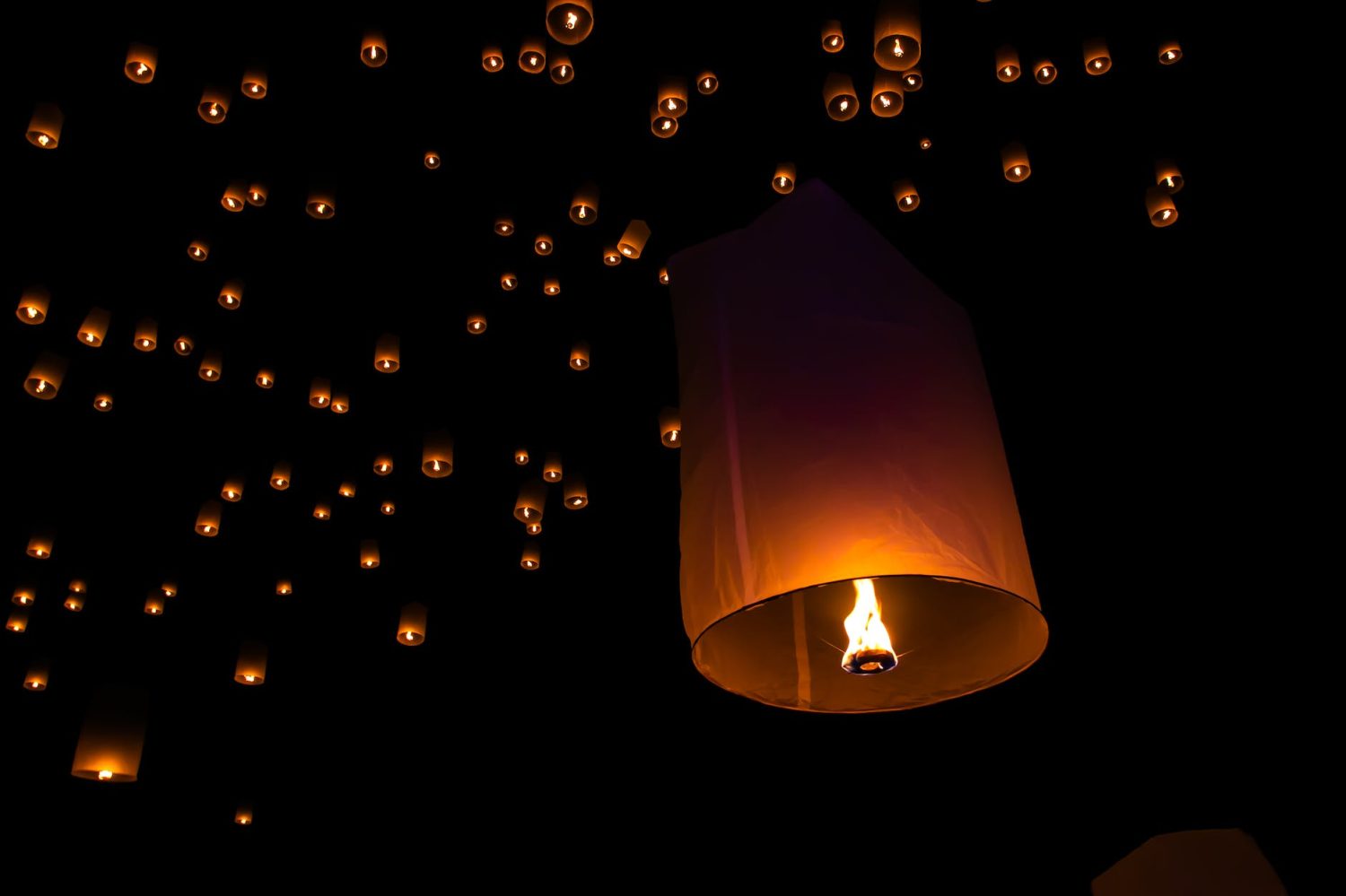 fire lanterns at night