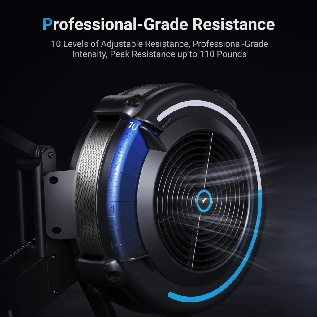 A black circular object with a blue circle and white text