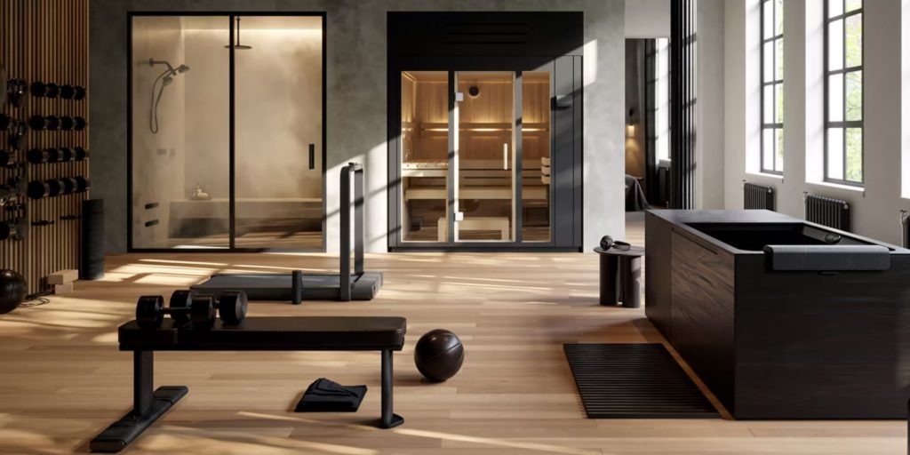 A room with a sauna and a bench