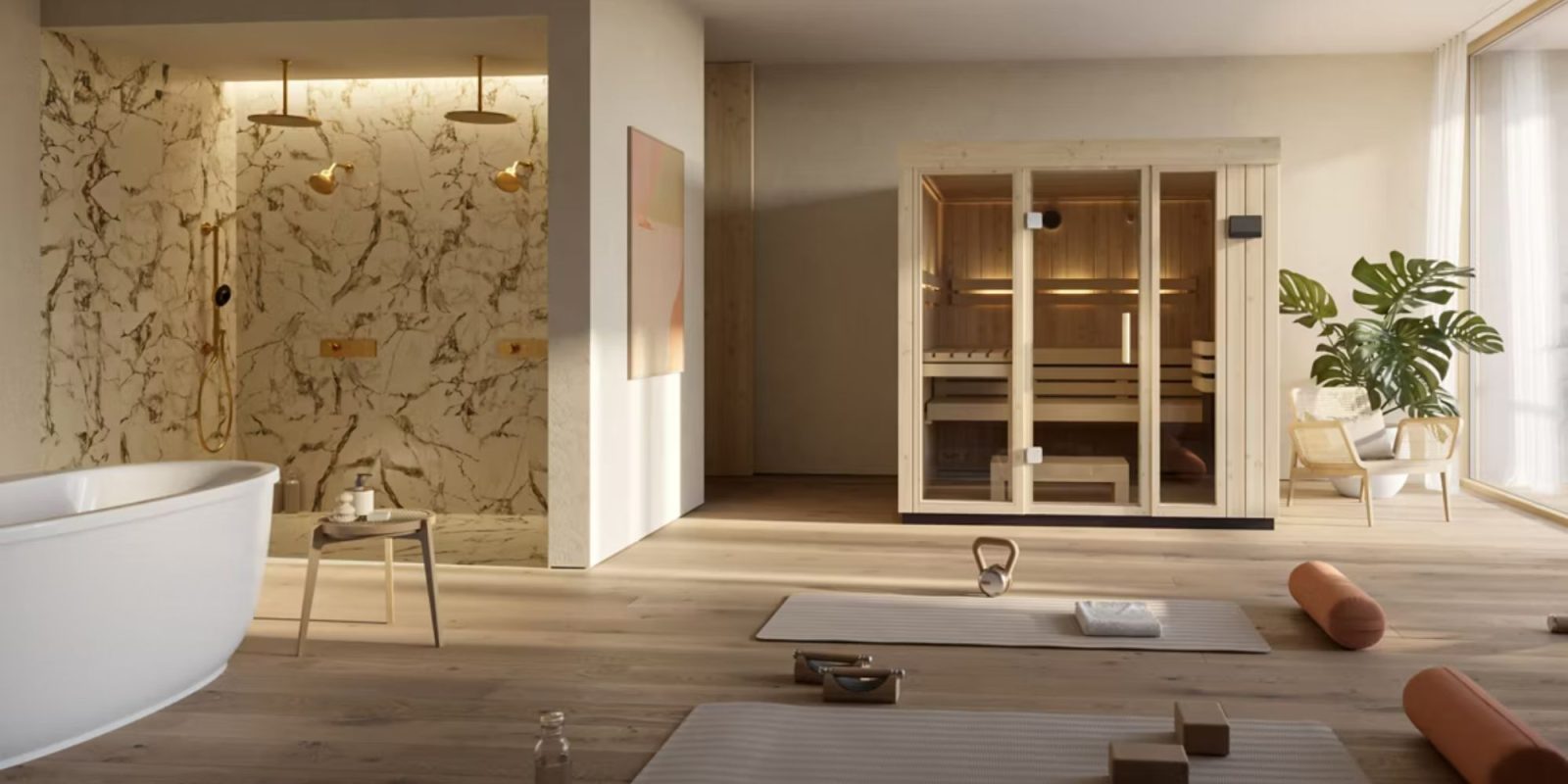 A room with a sauna and a chair