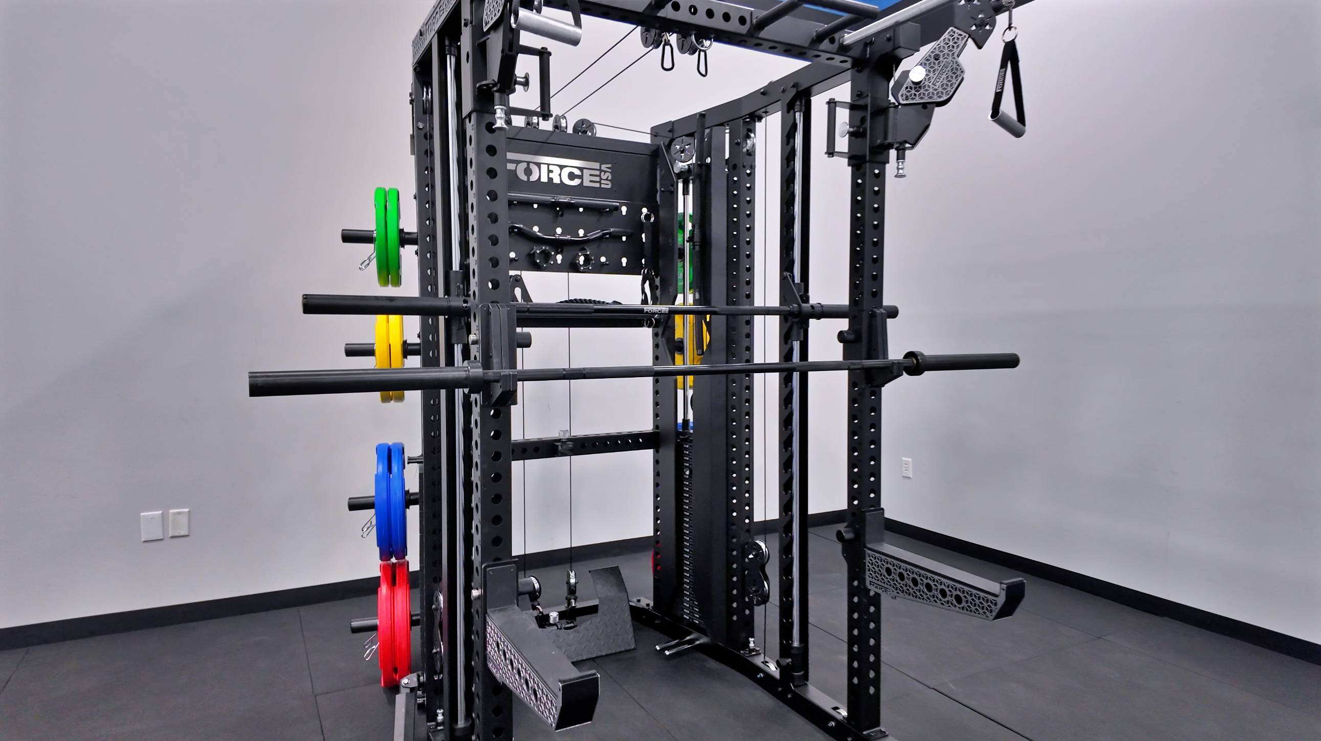 A gym machine with weights