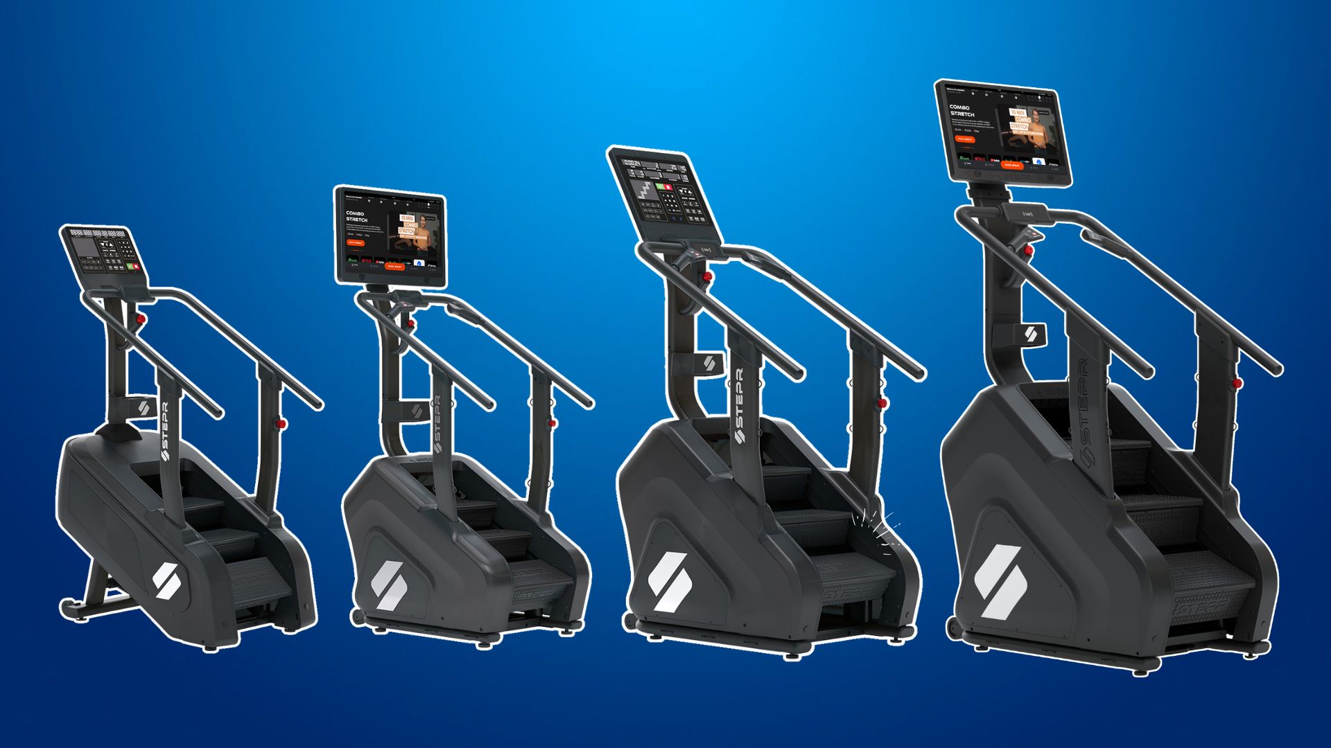 A group of treadmills with a screen