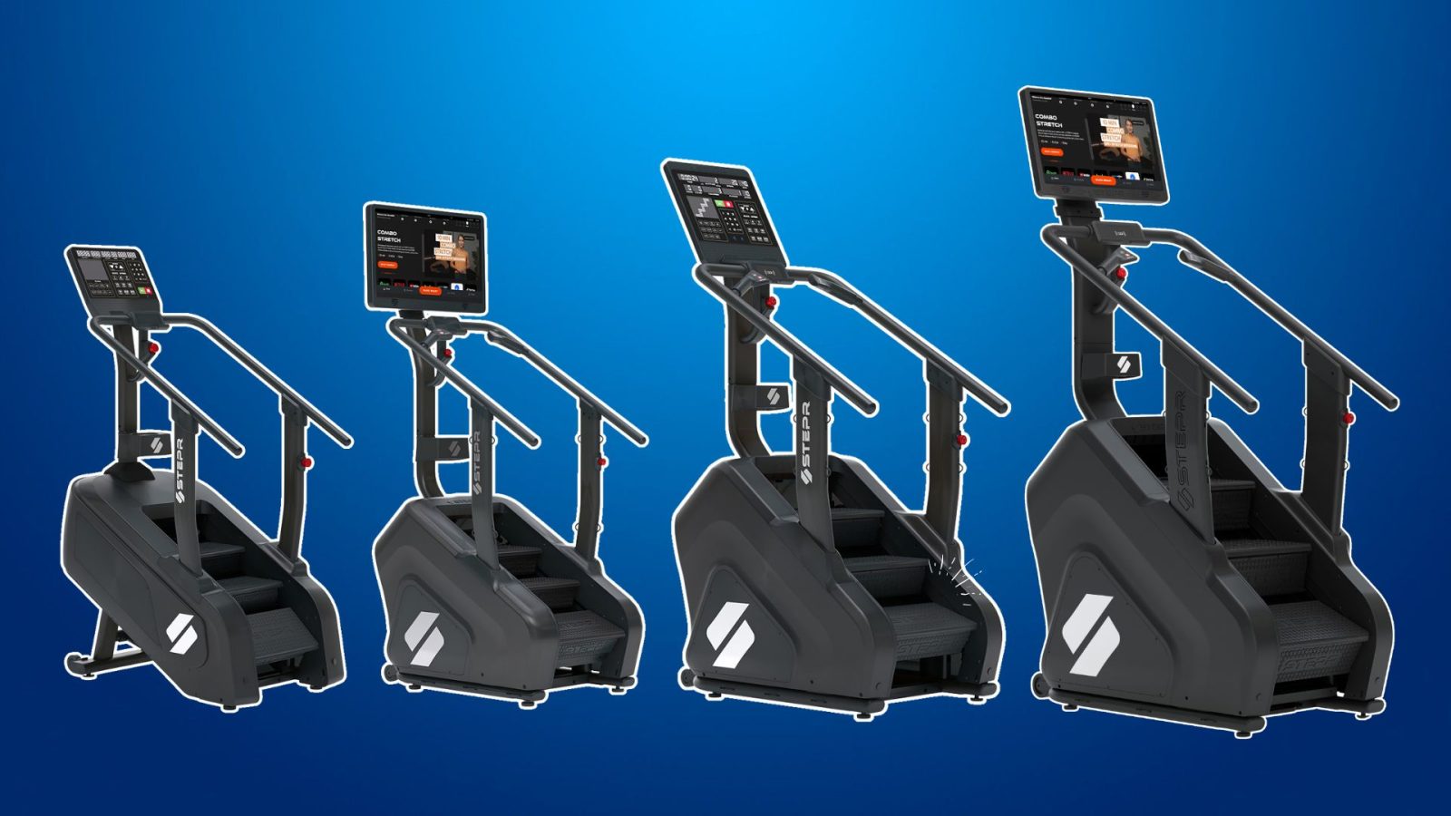 A group of treadmills with a screen